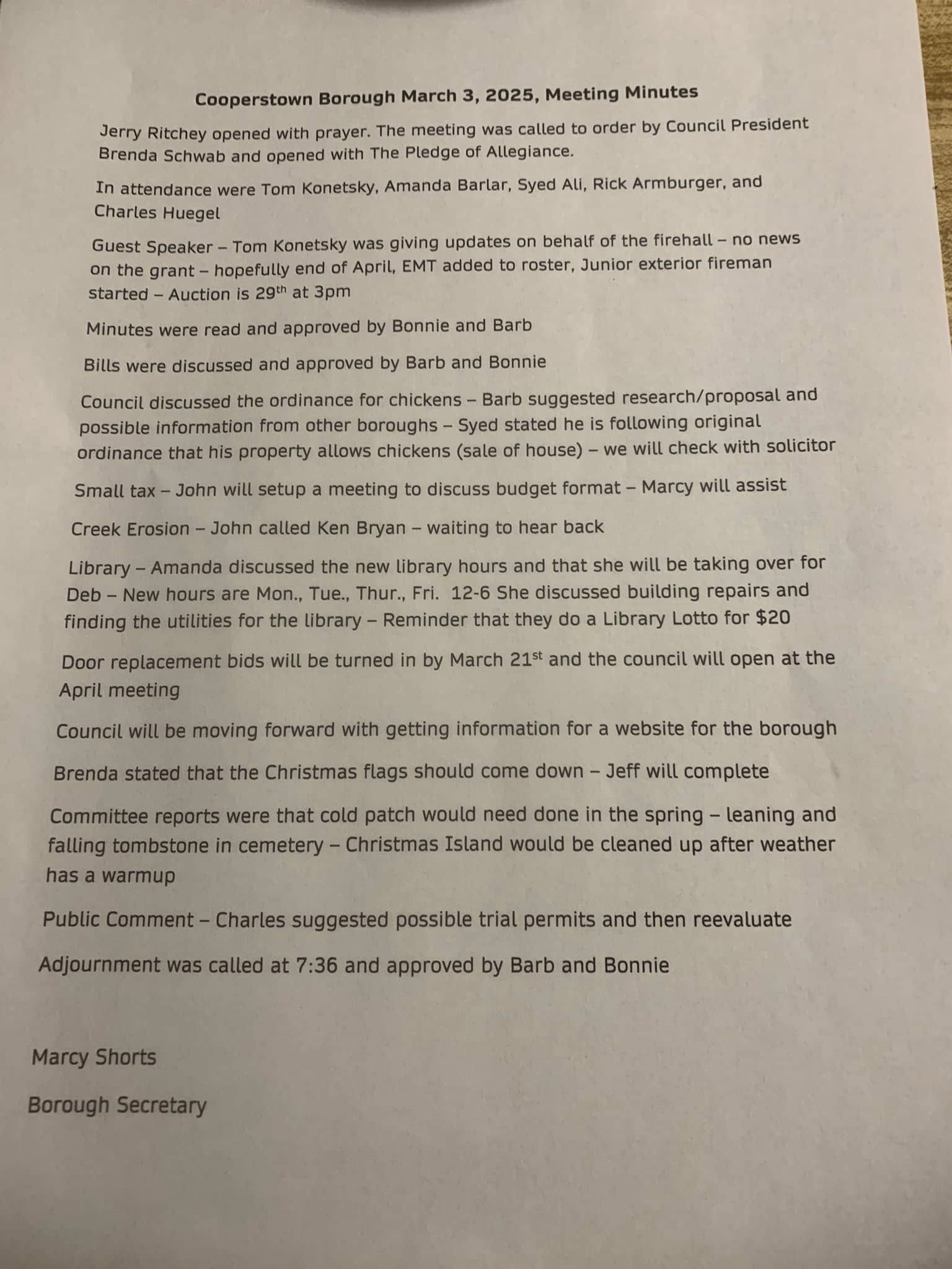 03-03-2025 Cooperstown Meeting Minutes